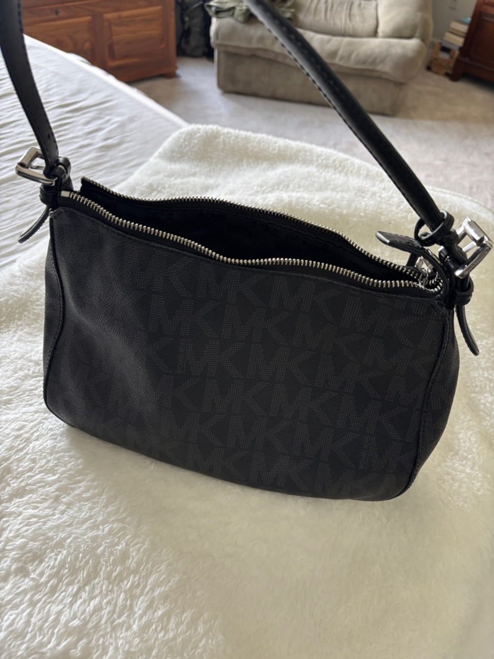 Michael Kors Black Leather Shoulder Hobo with MK Charm